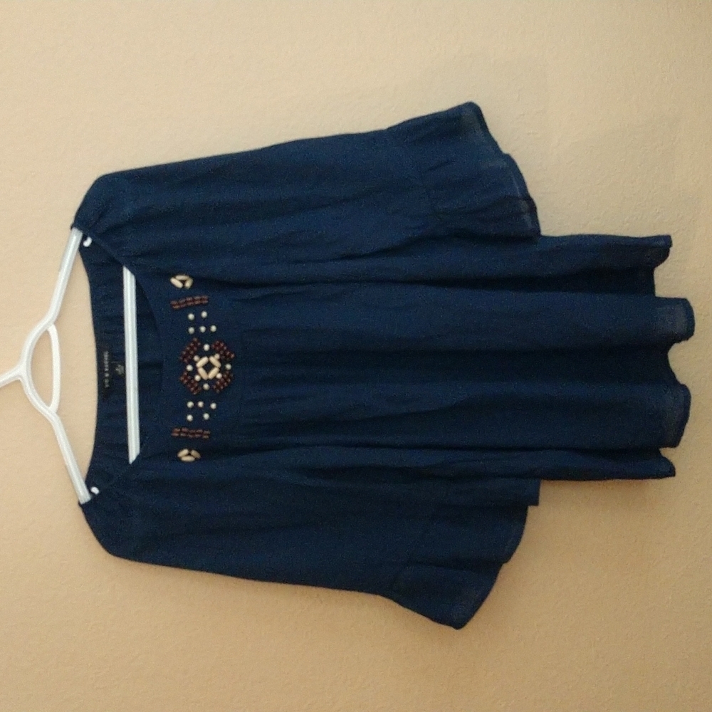 Zac & Rachel Women's Boho Peasant Blue Wood Beaded Bell Sleeve Blouse Si…